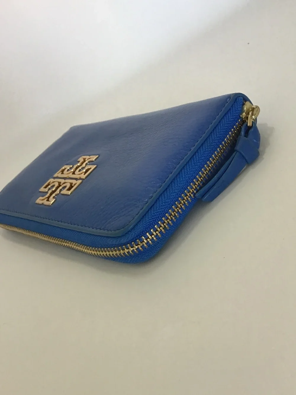 Tory Burch Electric Blue Zip-Around Leather Wallet with Gold Logo